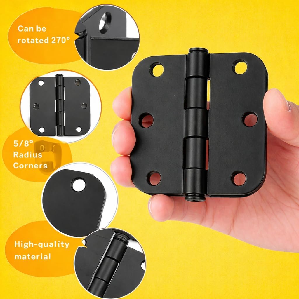 Door Hinges 3 Inch Rounded Matte Black 5/8" Radius Interior Flat Iron Bifold Residential Standard Bedroom Indoor Hardware  (2 Pcs)