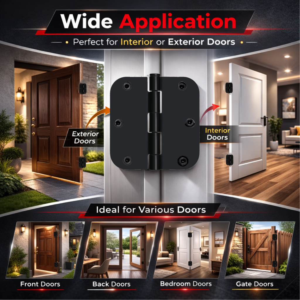 Door Hinges 3 Inch Rounded Matte Black 5/8" Radius Interior Flat Iron Bifold Residential Standard Bedroom Indoor Hardware  (2 Pcs)